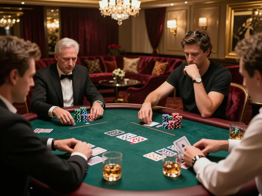 Players at a sunwin poker table strategizing bets in an upscale gaming room atmosphere.
