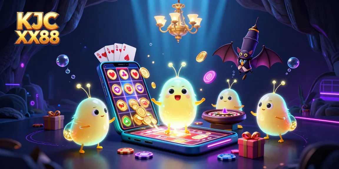 Experience KJC XX88's vibrant cave casino scene, illuminated by glowworms in a lively gaming atmosphere.
