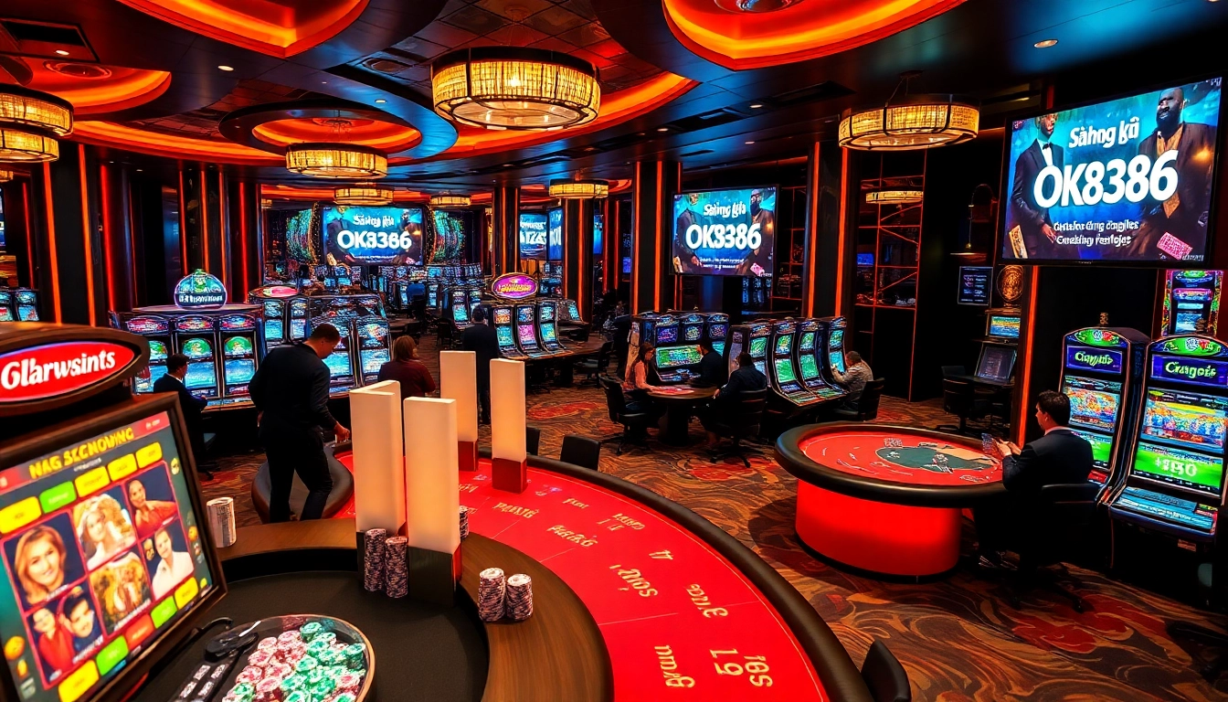 Experience the excitement of casino gaming with "đăng ký OK8386" as you engage in thrilling games under dynamic lighting and vibrant atmosphere.