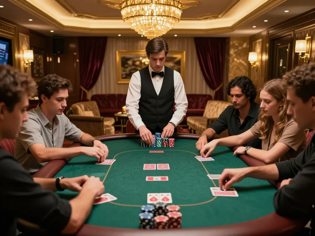 Players strategizing in a high-stakes poker game at 999bet VIP room, showcasing luxury and excitement.
