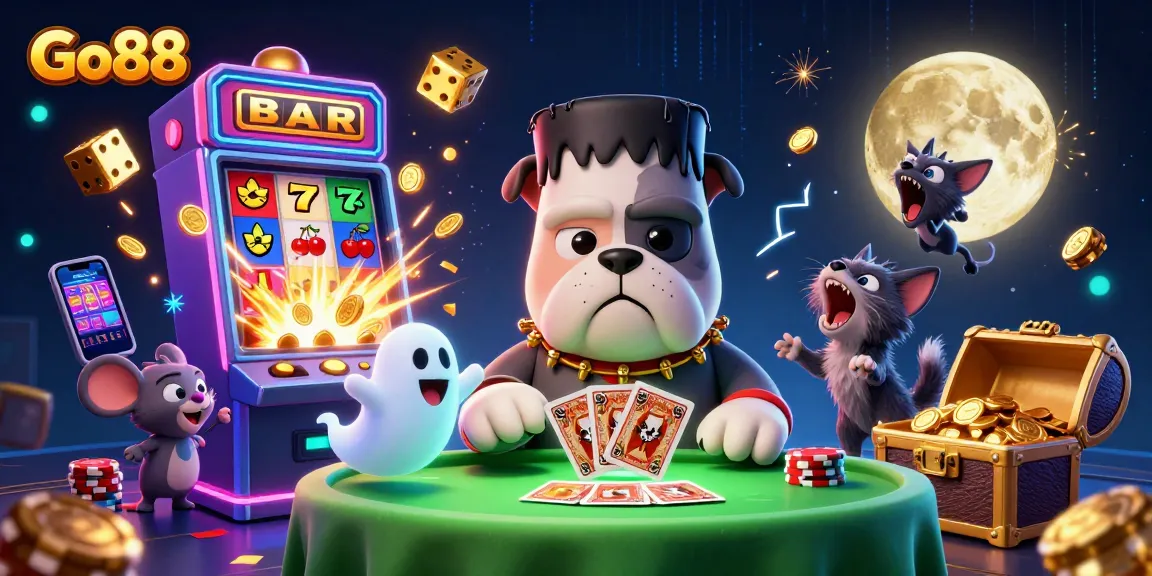 Experience thrilling action at Go88 with a Frankenstein bulldog dealing cards amid a jackpot explosion.