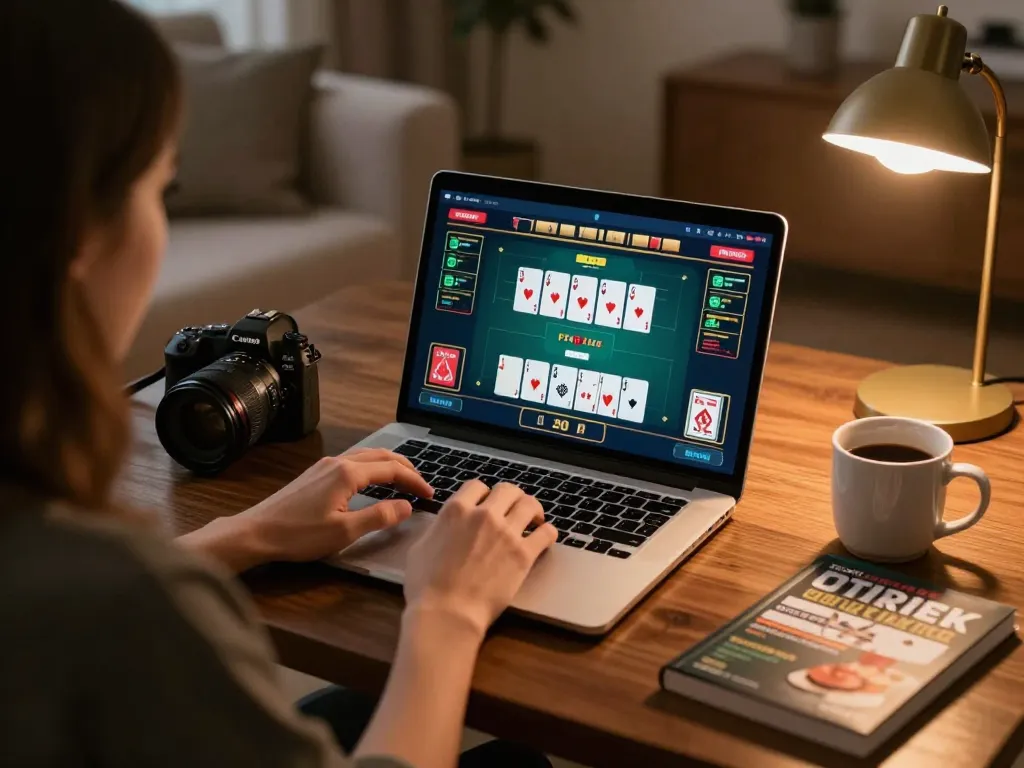 Player analyzing poker strategy on laptop while gaming online with km777 in a cozy living room setting.