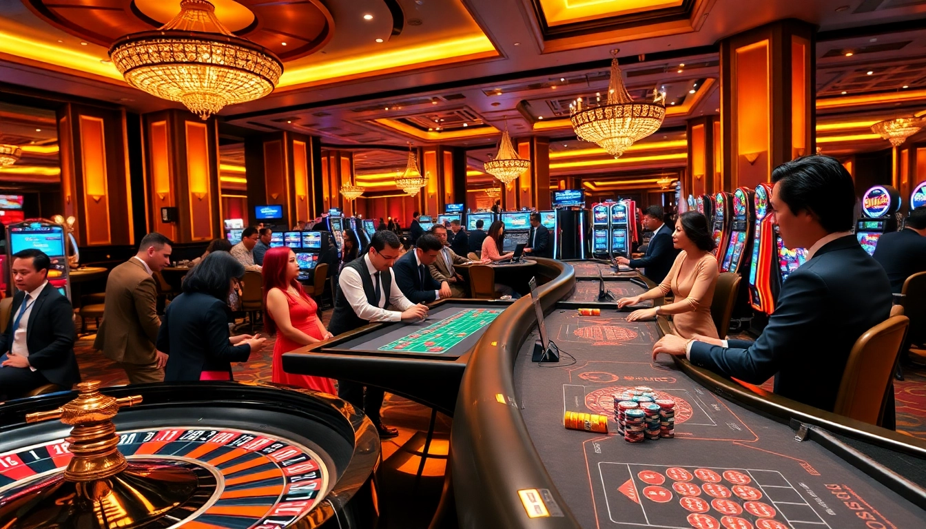 Engaging casino scene illustrating players at nhà cái typhu88, showcasing roulette, poker, and vibrant slot machines.