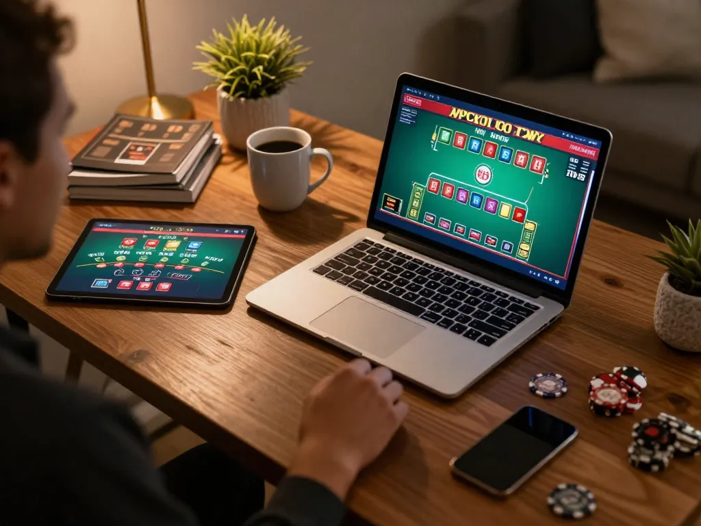 Engaging online casino scene at https://go8.agency/, showing laptop with baccarat game and strategic tools for winning.
