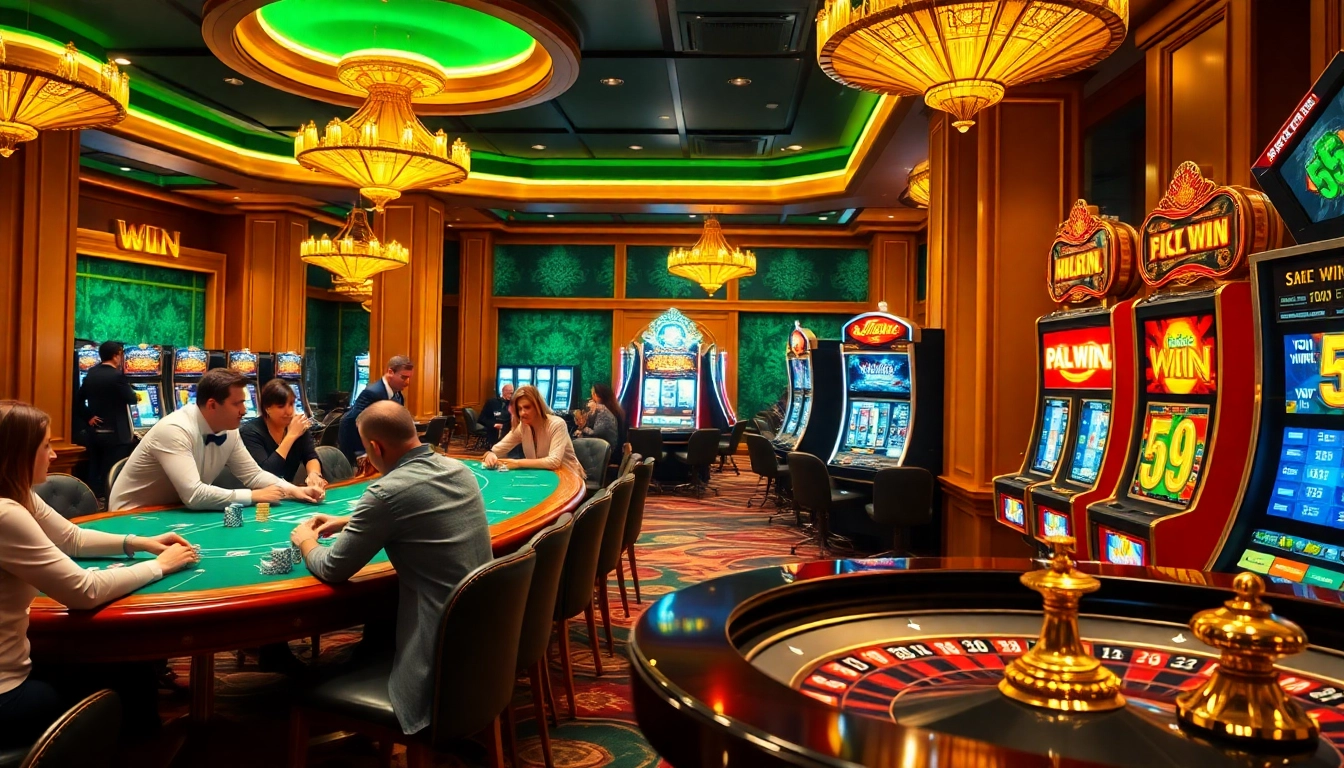 Engaged gamblers celebrating a 555 win at luxurious casino tables.