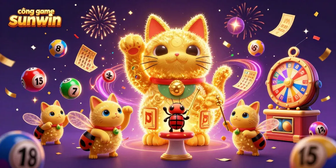 Experience the magic of cổng game sunwin with vibrant, dynamic gaming elements and a giant lucky cat.