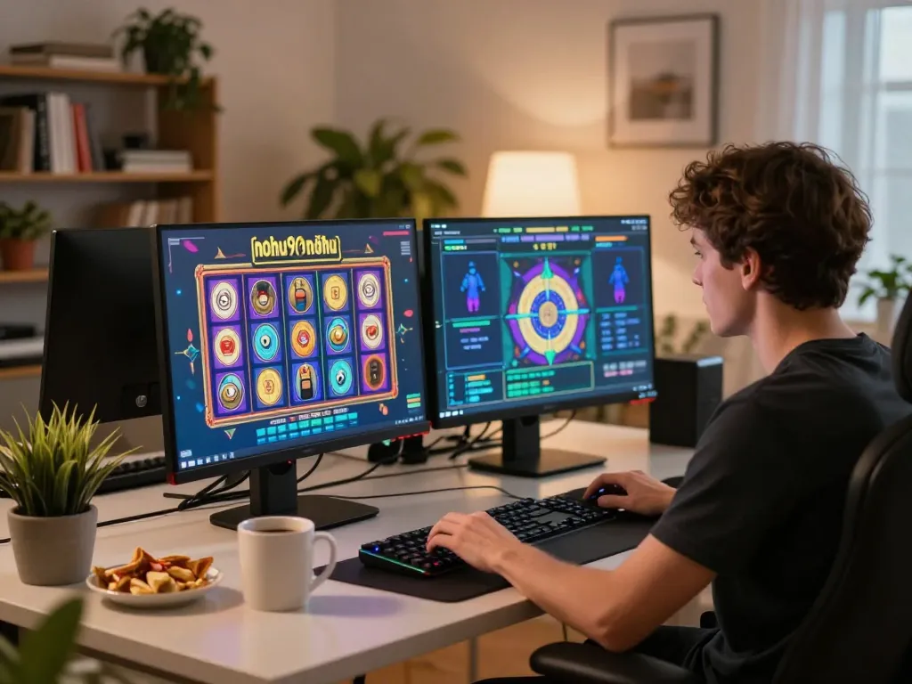 Engaging gameplay on nohu90nohu slot game with vibrant visuals in cozy home setup