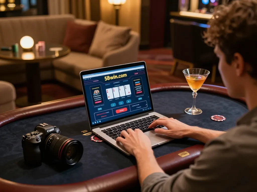 Engaged player enjoying a strategic moment at 58wiin online casino, focused on poker gameplay interface.