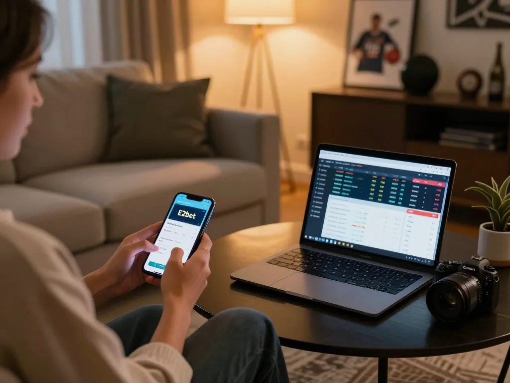 E2bet sports betting app active on smartphone in a cozy home setting, highlighting strategic engagement