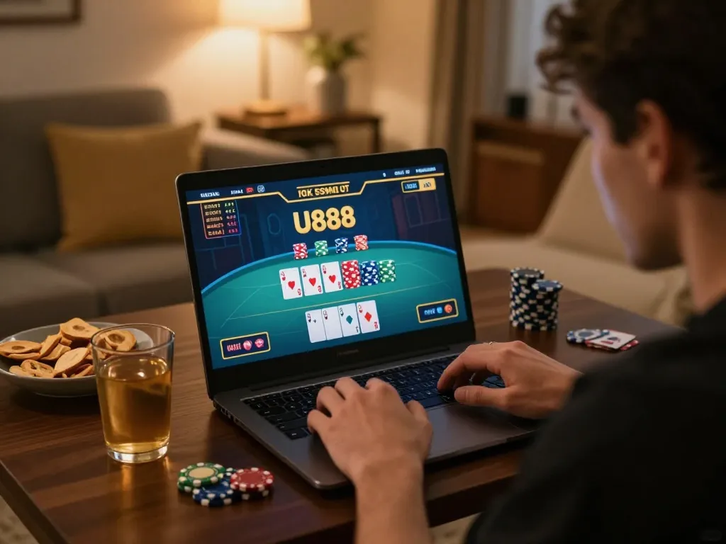 Player engaging in U888 online casino gaming while calculating bets in a cozy home setting