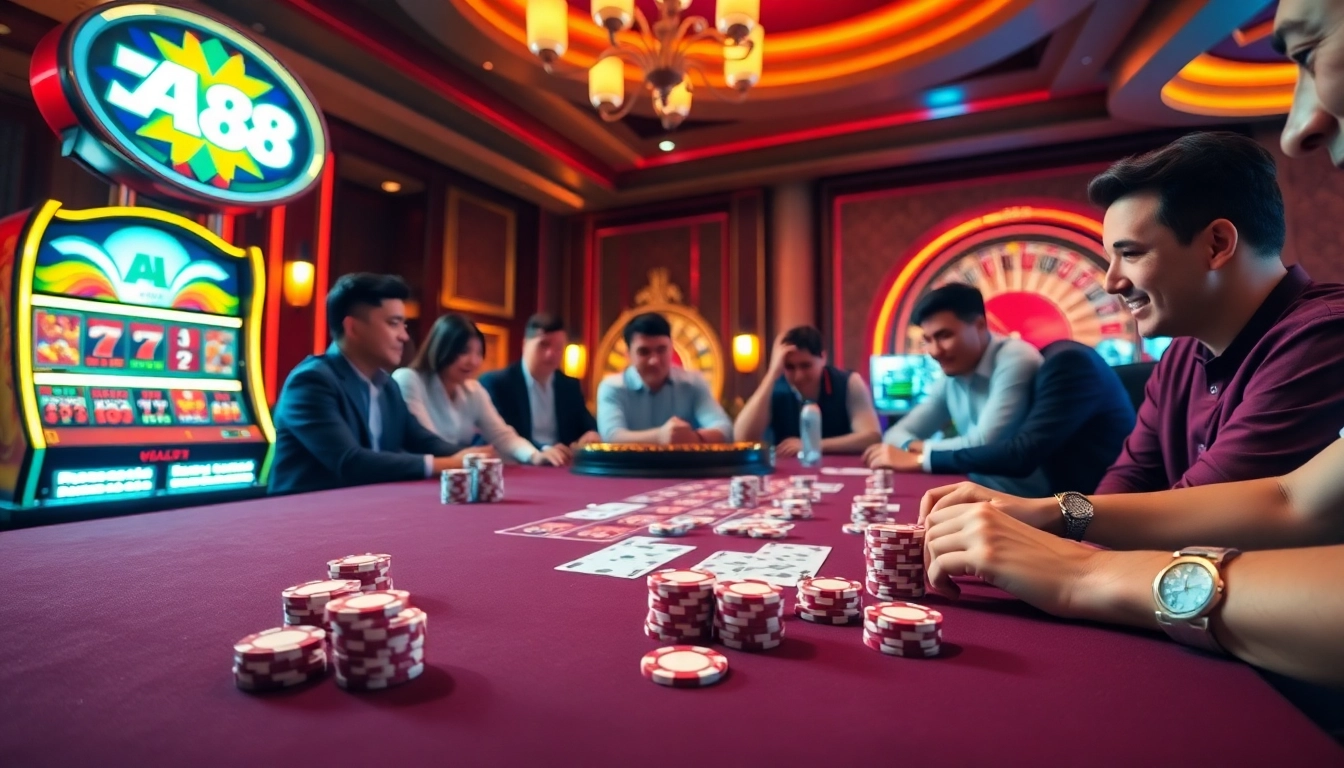 Exciting casino action depicting AU88 with poker chips, cards, and vibrant slot machines.