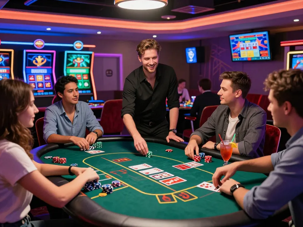 Friends enjoying MM88 online casino with vibrant gaming tables and lively atmosphere.