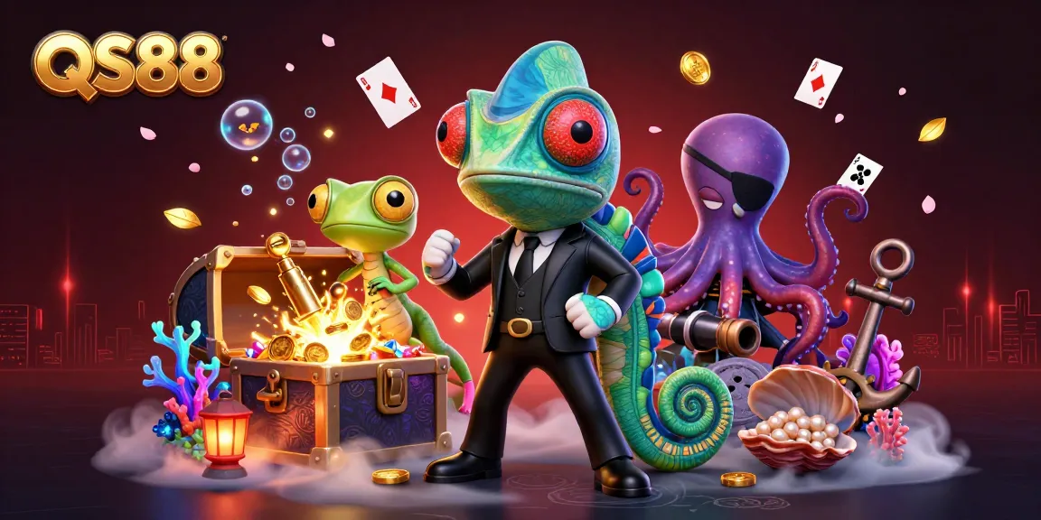 Experience excitement with QS88 in this dynamic underwater casino scene featuring colorful treasures and vibrant characters.