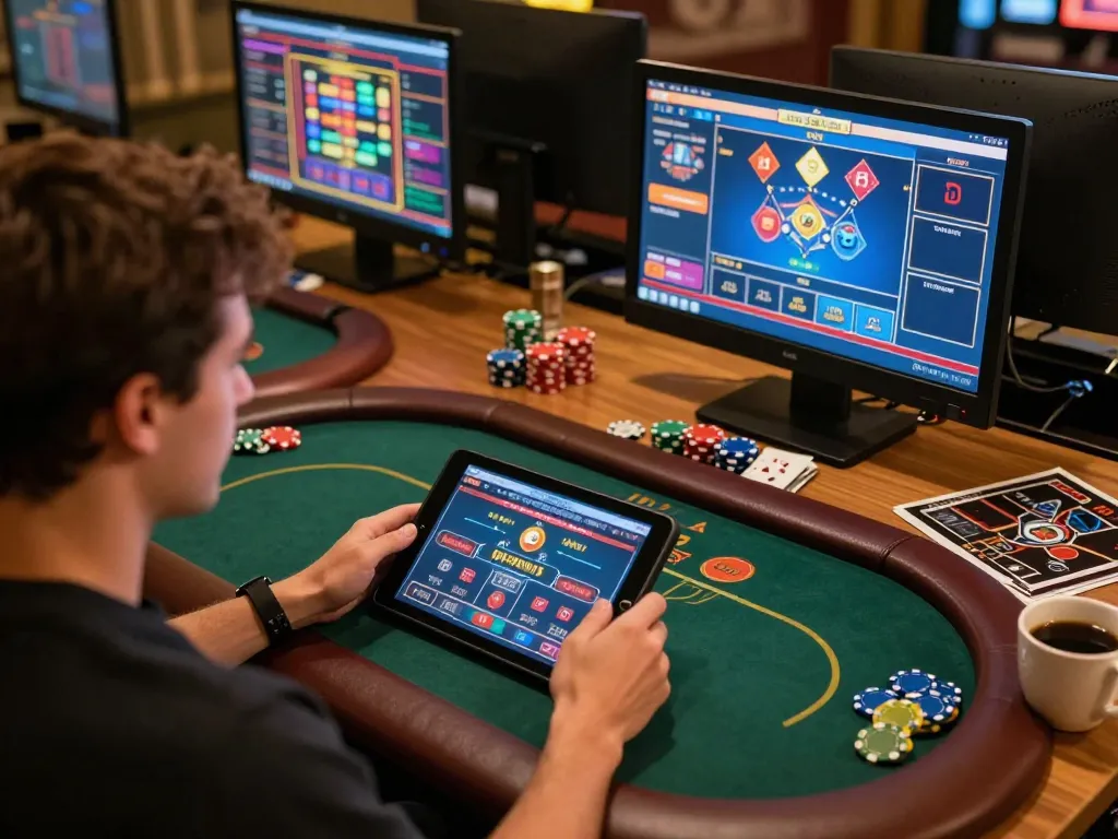 DABET player engaged in an online casino game, showcasing focus and strategy during a gaming session.