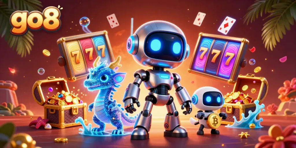 Experience the excitement of go8 with a cyberpunk robot, AI dragon, and drone amid vibrant casino elements.