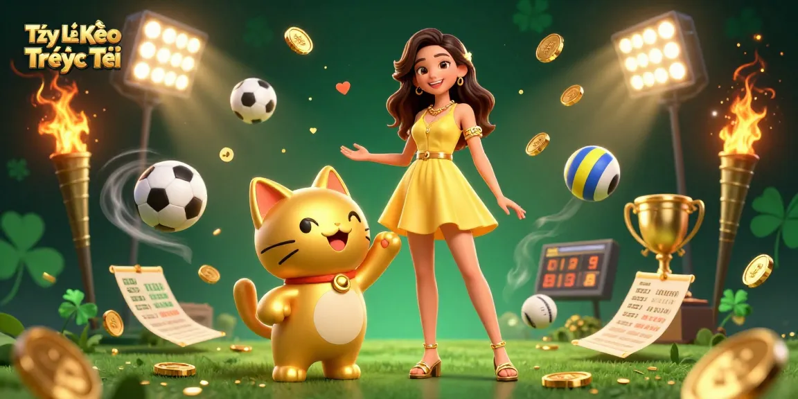 Tỷ Lệ Kèo Trực Tiếp showcases a cheerful Asian woman interacting with a lucky cat amidst vibrant sports elements.