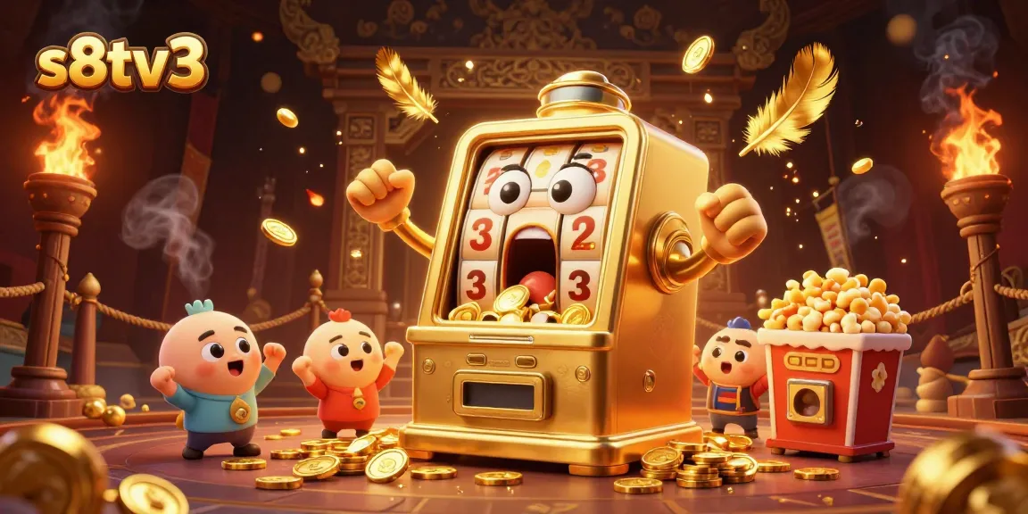 S8TV3 showcases a thrilling scene with a golden slot machine celebrating its jackpot amidst gold coins and vibrant gaming elements.