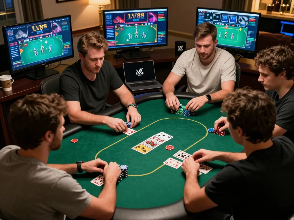Players engaging in strategic online poker at LV88 while analyzing community cards and placing bets.