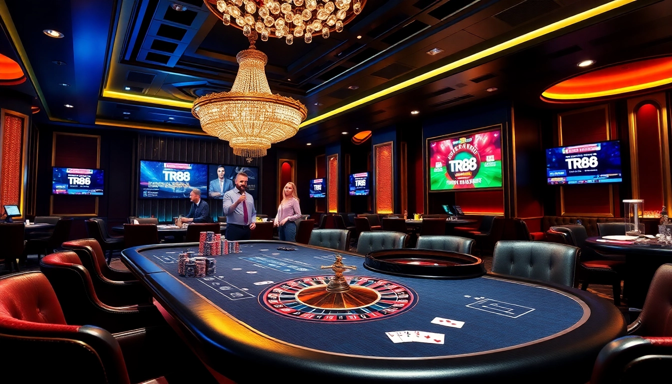 Players engage in thrilling high-stakes gaming at tr88's luxurious casino tables.