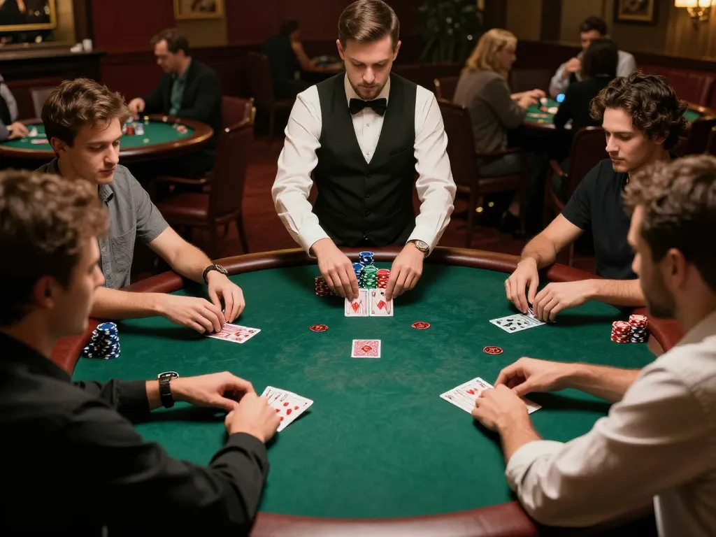 Engaged players at a poker table strategizing their bets, accessing link vào nk88 for exciting online gaming options.