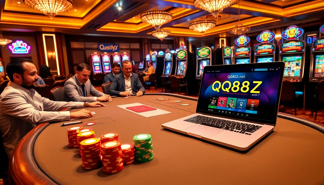 High-stakes poker action at https://qq88z.net/ showcasing vibrant chips and cards.