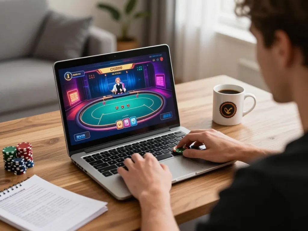 Player enjoying online poker at home on 789club with colorful graphics and strategy notes