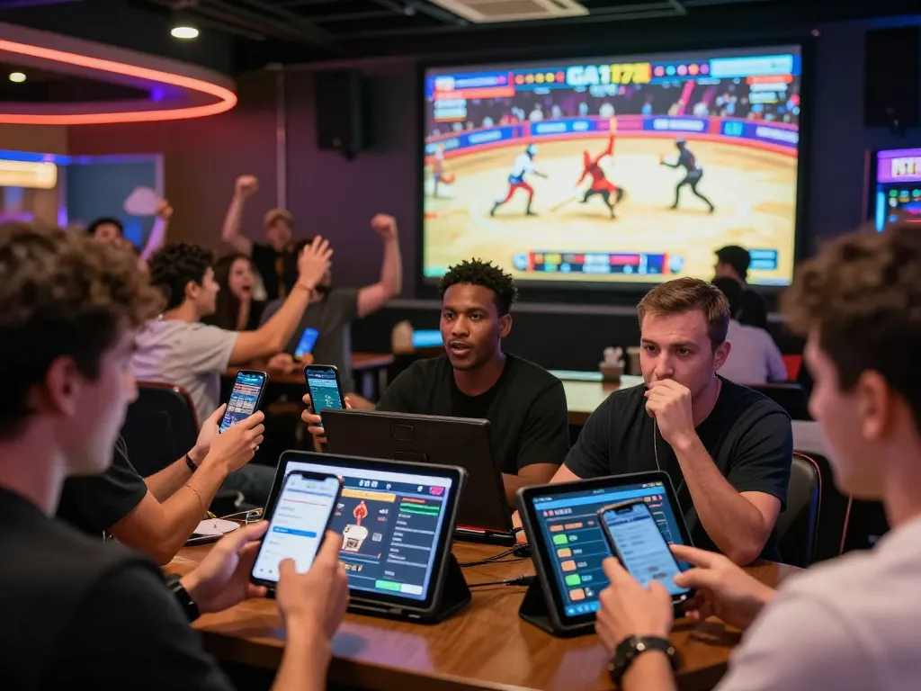 Live online betting experience at https://ga179.press/ with excited participants engaging in cockfighting events on their devices.