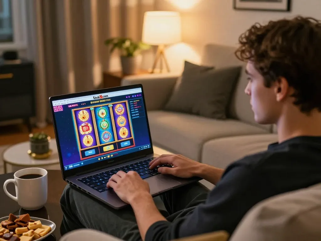 Engaging in a lively online gambling session at luck8com from a cozy home setup with a stylish laptop.
