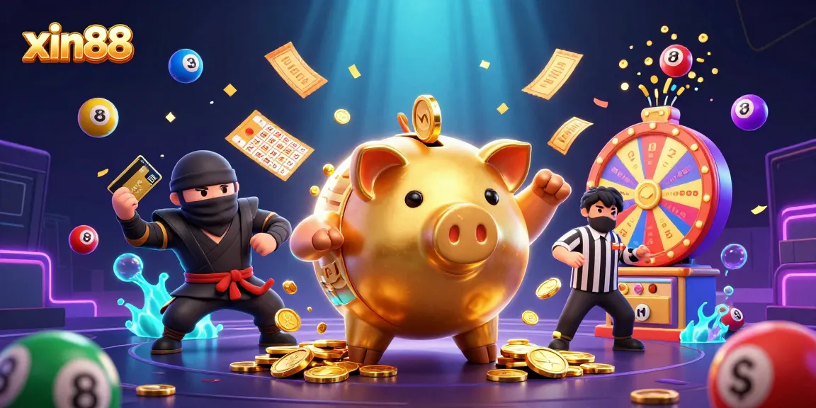 Engage in thrilling games at xin88, featuring intense battles between a golden piggy bank sumo wrestler and a wallet-ninja.
