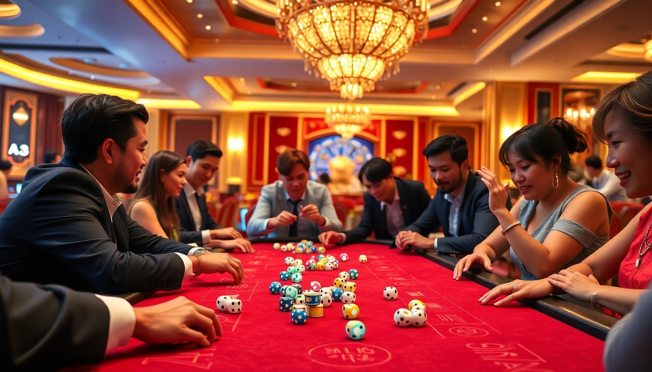 Players enjoying Tài xỉu MD5 at an upscale casino table filled with dice and betting chips.