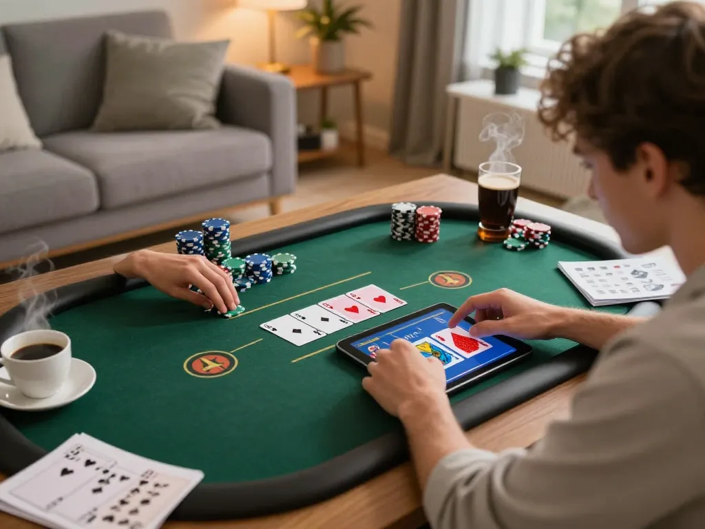 Sin888 player engaged in an intense poker game on a tablet within a cozy home gaming environment.