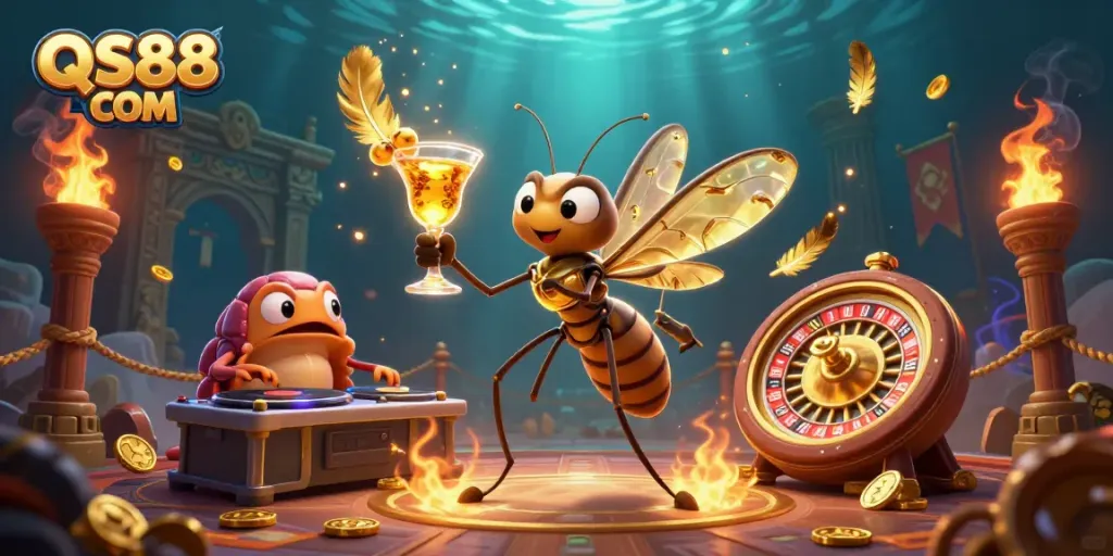 Experience the excitement at QS88 COM with vibrant casino characters in a lively atmosphere.
