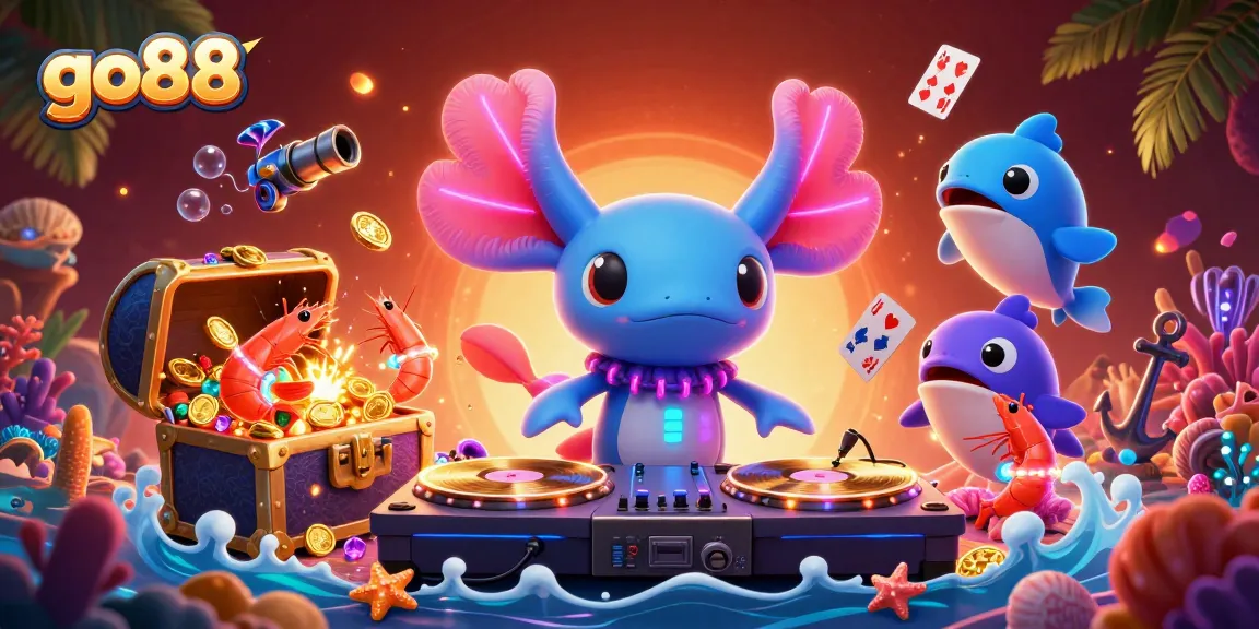 Exciting go88 gaming scene showcasing a vibrant DJ axolotl at an underwater casino party with dancing shrimp.