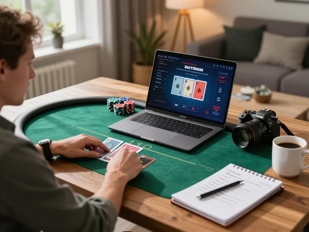 Player strategizing with 789win during an intense online poker game in a cozy home office.
