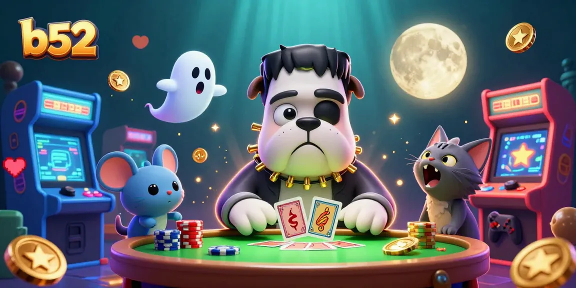 Engage in thrilling b52 card games with a whimsical illustration featuring unique characters in a vibrant casino scene.