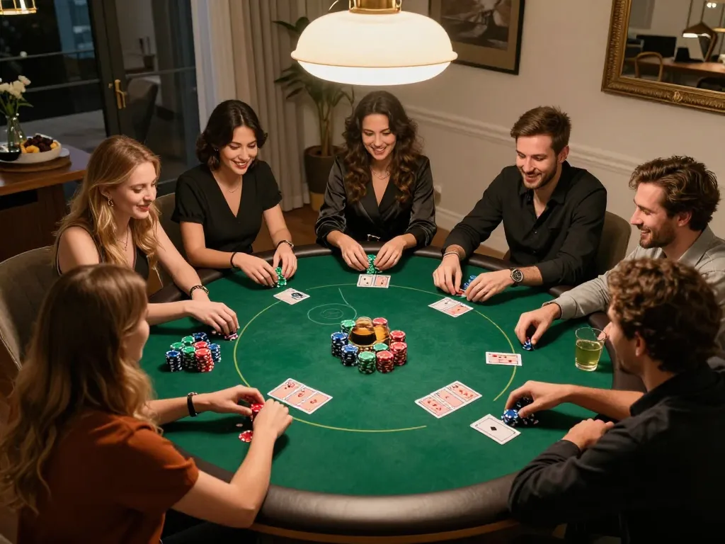 Players engaging in a friendly poker game with may88 protocol for strategic betting and responsible gaming.