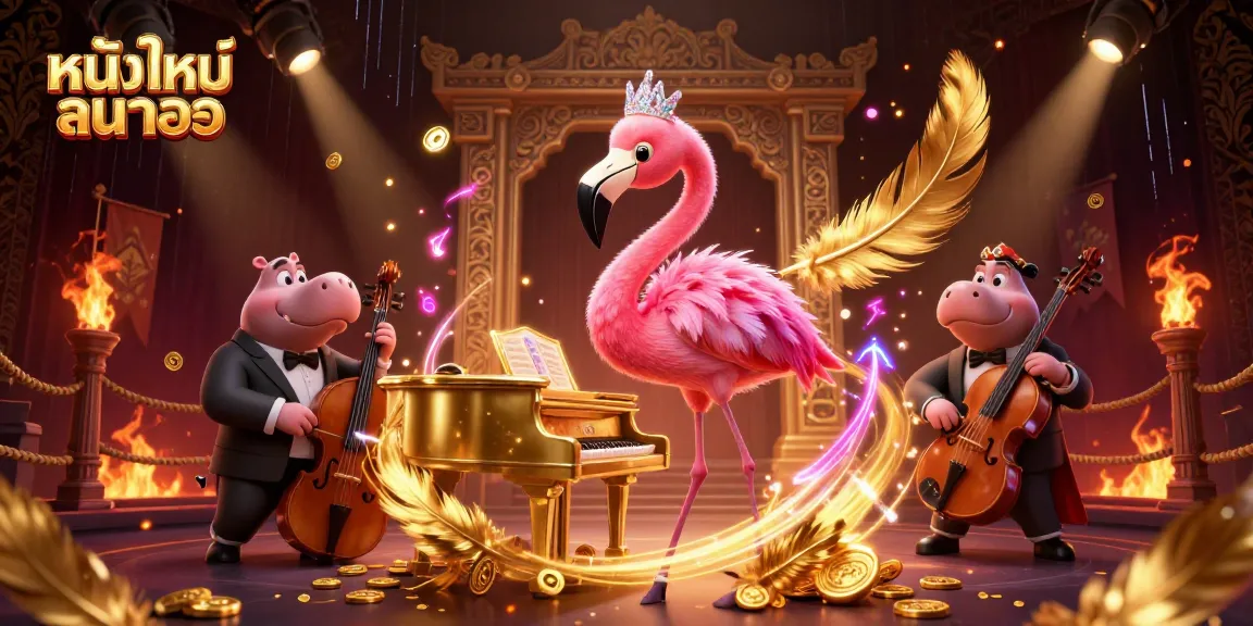 Experience thrilling action with หนังใหม่ชนโรง featuring vibrant flamingos and a hippo bassist in a casino scene.