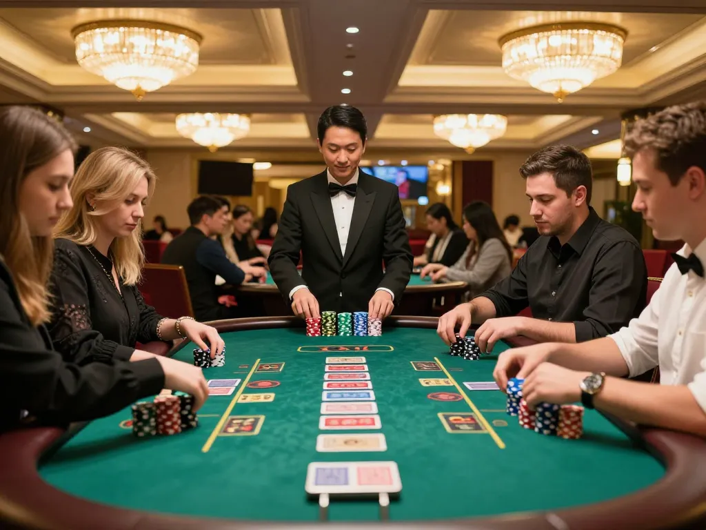 Players engaging in a thrilling Game Tài Xỉu at an upscale casino table, showcasing vibrant colors and chips.