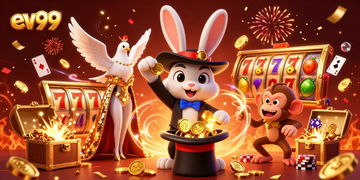 Engage with thrilling casino action at ev99 featuring a 3D magician rabbit, golden coins, and slot machines.
