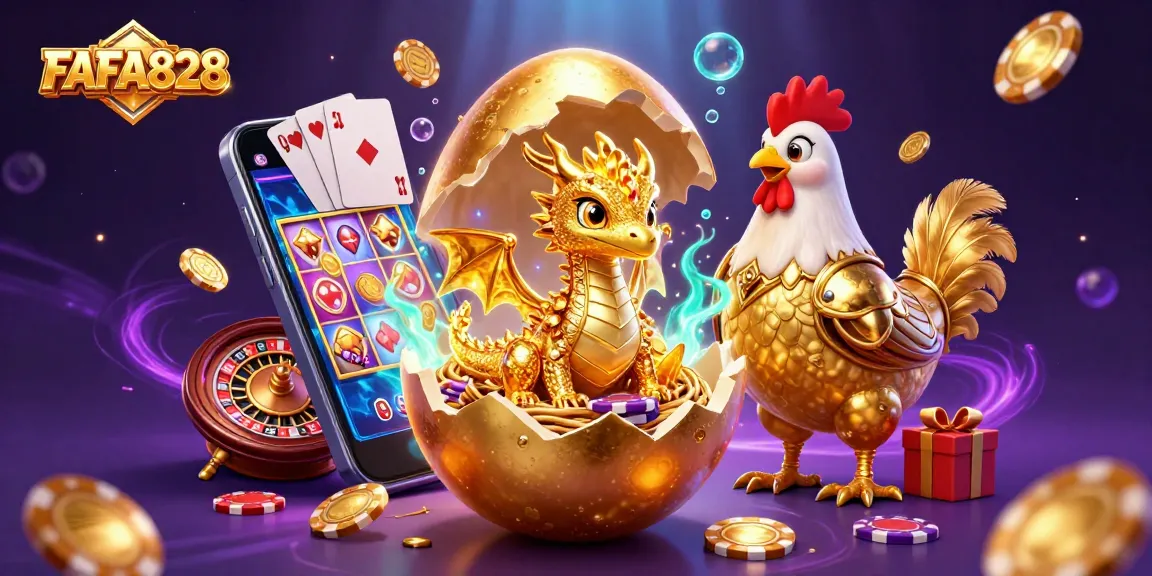 Win big with FAFA828 in this vibrant scene of a golden dragon surrounded by slot games and poker chips.