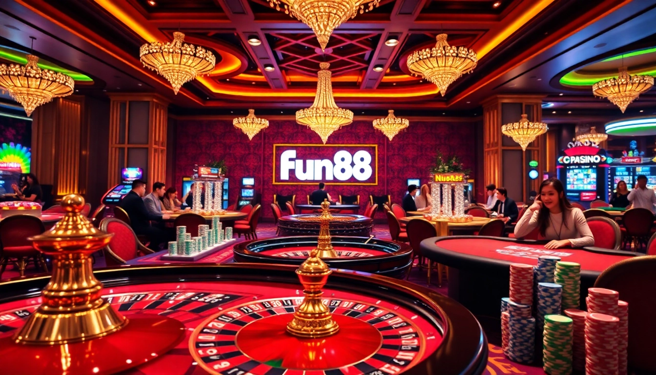 Exciting casino action at Fun88 com with roulette wheels and poker chips.