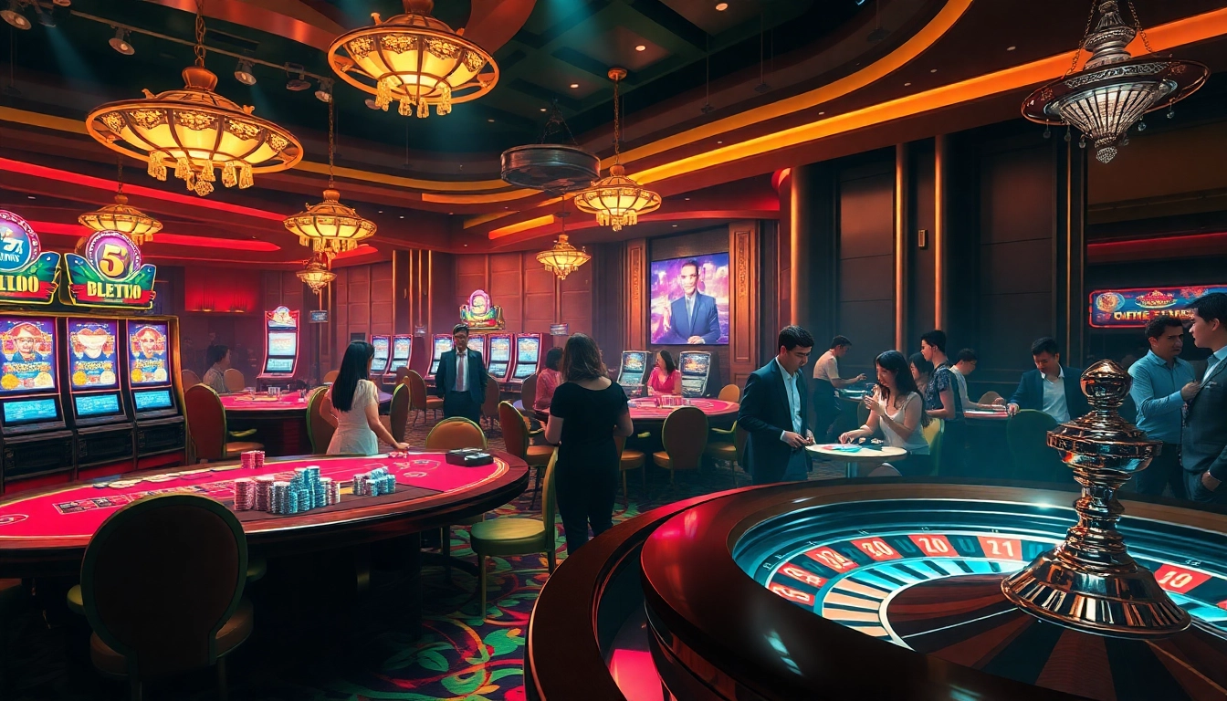 Exciting casino scene showcasing players at bàn 68VIP, with colorful chips and slot machines.