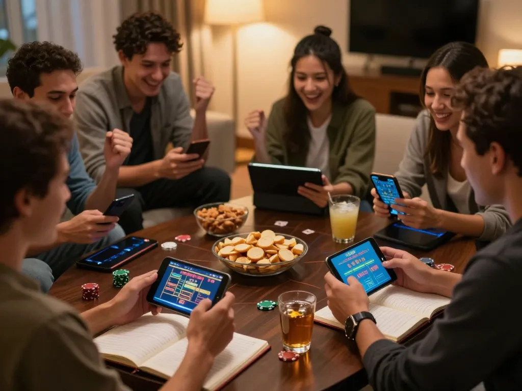 People enjoying online casino gaming with go8 platform, celebrating wins together in a cozy atmosphere.