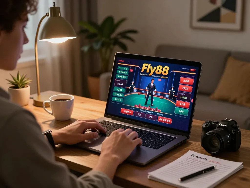 Engaging Fly88 online gaming scene with a player actively betting on a live dealer game on laptop.