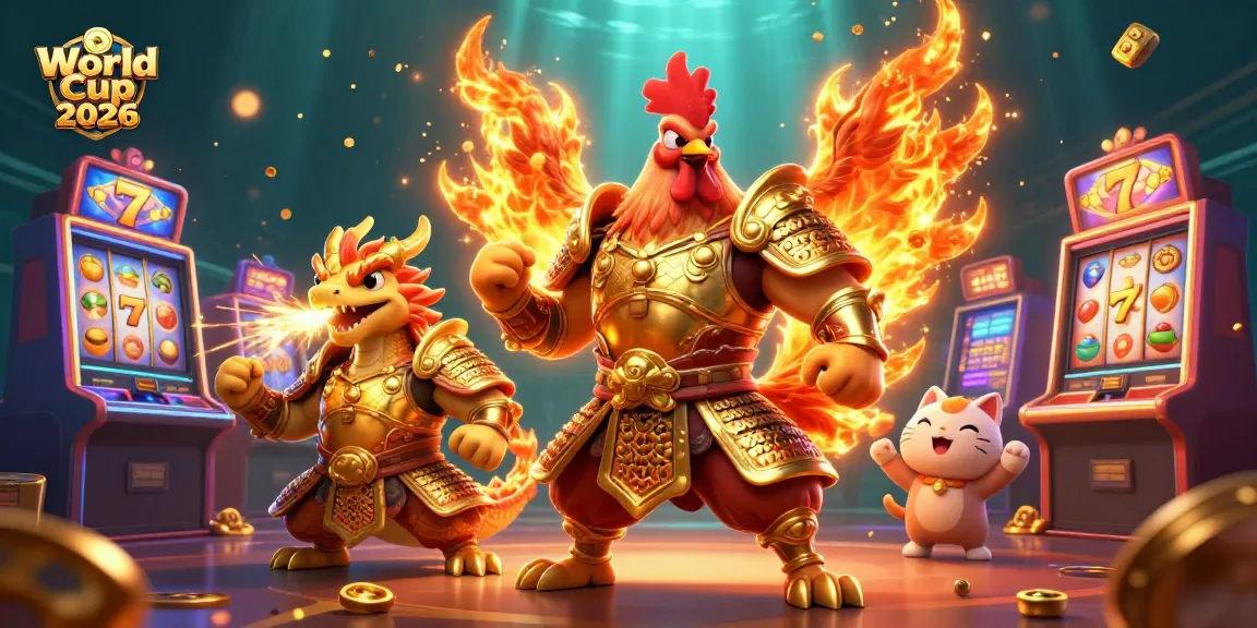 Experience thrilling action at World Cup 2026 with a fierce rooster warrior and slot machines.