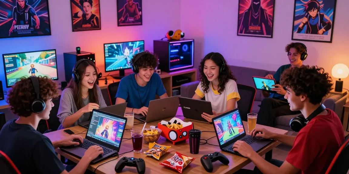 Engaging group of friends playing ecchi games online in a lively living room, showcasing fun atmosphere with colorful lights.
