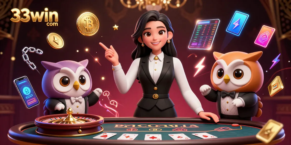 Experience thrilling baccarat at 33win com with vibrant dealers and crypto elements in this dynamic 3D illustration.