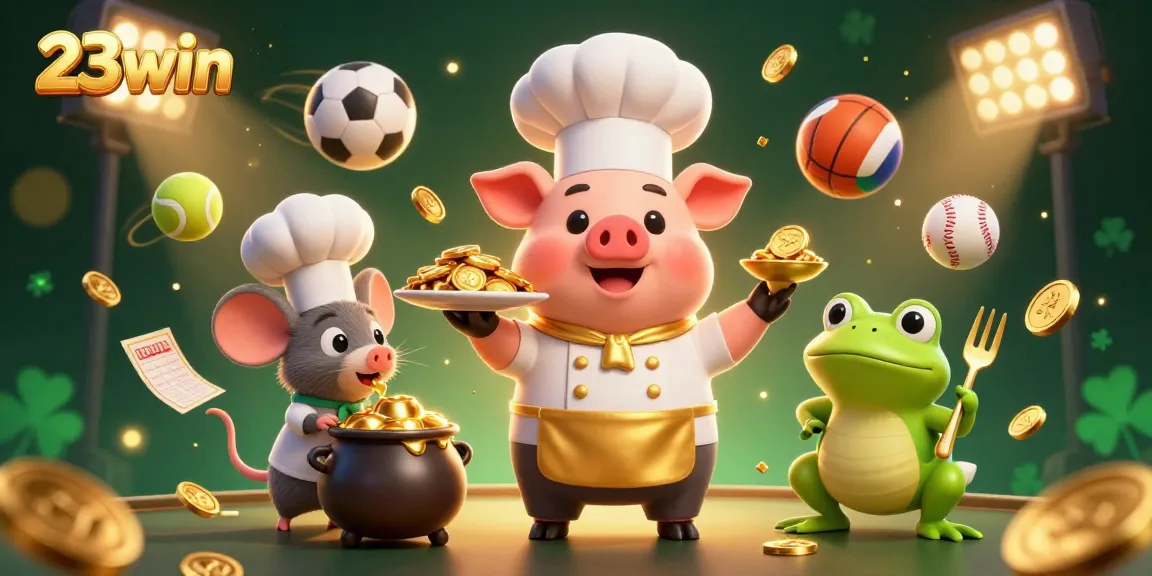 Experience the thrilling gaming atmosphere at 23win with a chef pig serving gold coins.