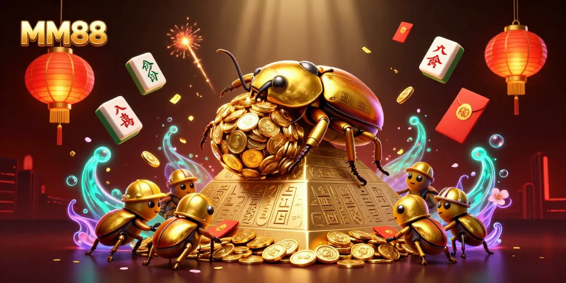 Engage in thrilling gameplay at MM88, where a golden beetle rolls coins amidst casino symbols in a vibrant scene.
