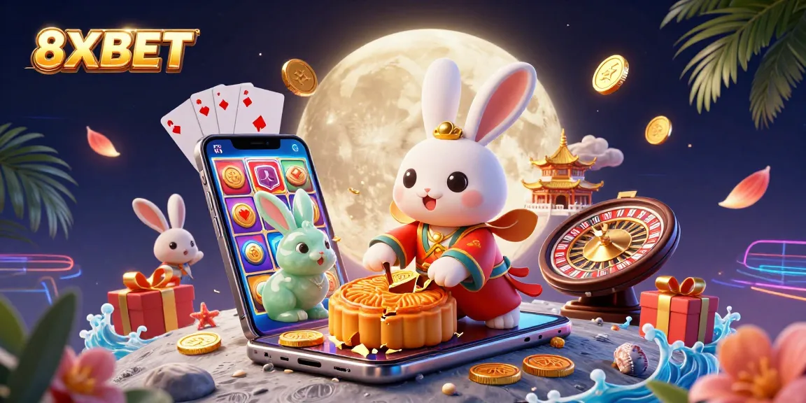 Experience the excitement of 8XBET with a cartoon illustration of the moon rabbit and casino elements.